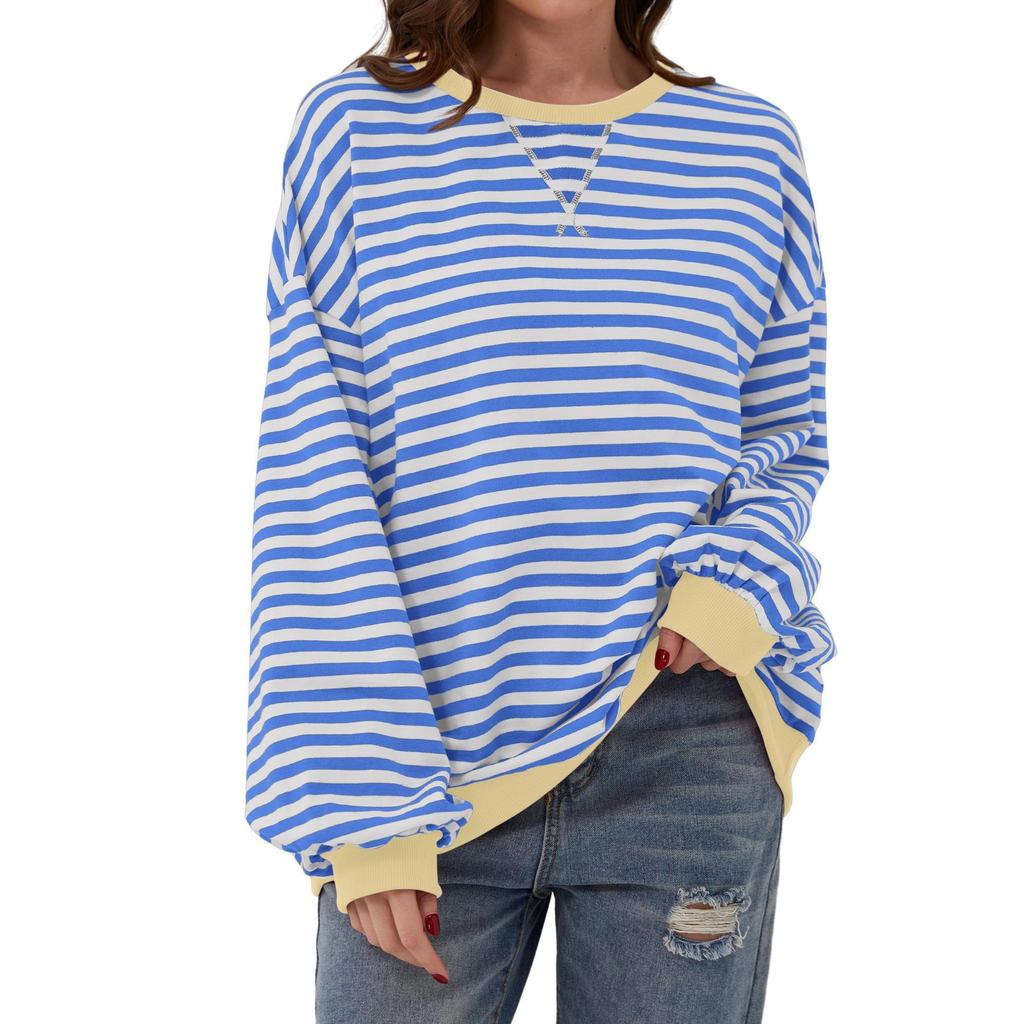 Women's T-shirt Bottoming Shirt Spring Simple Home Casual New Striped Pattern Round Neck Trend Long-sleeved Pullover Color Matching T-shirt