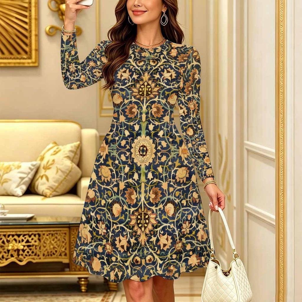 Women Long Sleeve Round Neck Midi Dress Boho Tie Dye Star Floral Dot Print Flared Casual Dress