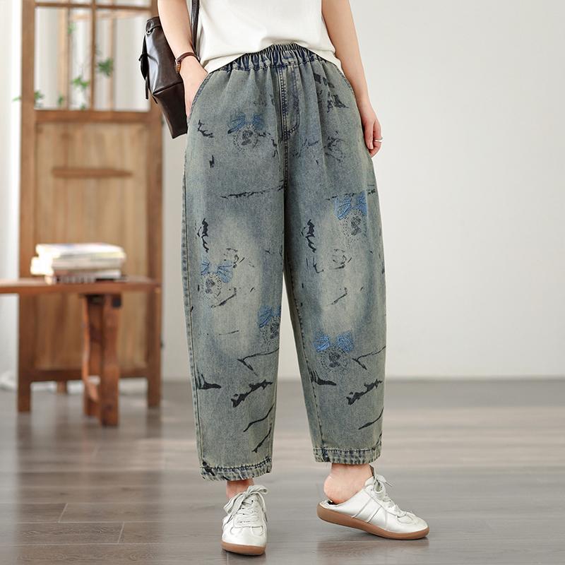 DIMANAF 2026 Summer New Plus Size Women Jeans Elastic Waist Long Pants Print Loose Casual Denim Cotton Trousers Pants