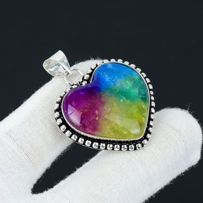 Heart Shape Rainbow Solar Quartz Gemstone Handmade Pendant, 925 Sterling Silver Pendant, Natural Rainbow Solar Pendant, Jewelry For Gift