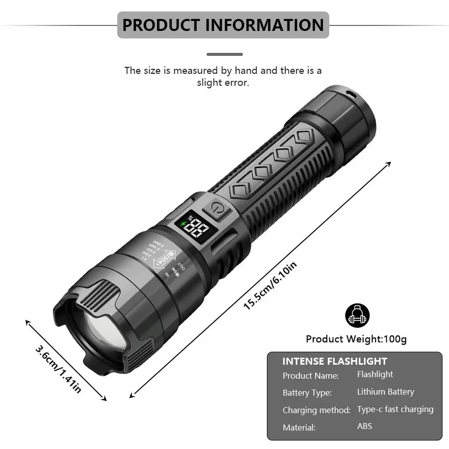 Super Bright 2000LM LED Flashlight, USB-C Fast Charge,Waterproof - Zoomable Torch for Outdoor, Camping, Emergency, Hiking, Long Beam Distance