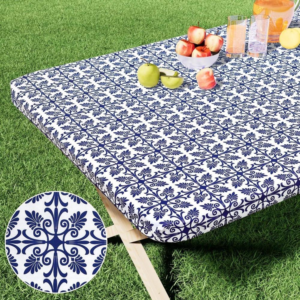 Waterproof Baroque Print Elastic Fitted Tablecloth Rectangular Outdoor Fold Table Cover  Picnic