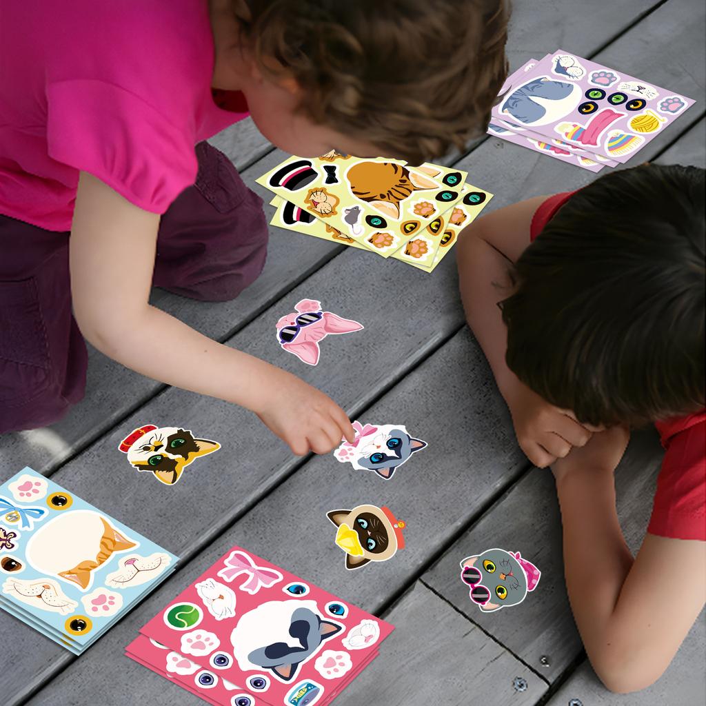 8 Pictures/set of Cat Face Changing Graffiti Stickers Cartoon Cute Make A Face Puzzle DIY Puzzle Stickers