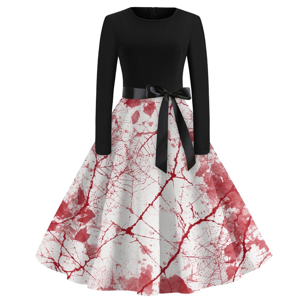 Women's Vintage Long Sleeve Round Neck Dress Halloween Party Printed Midi Dress with Belt Retro Style