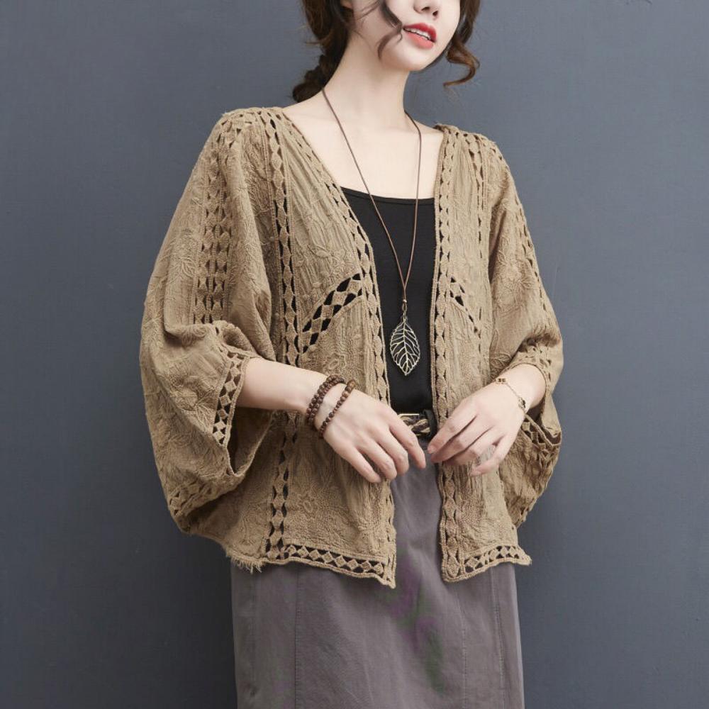 DX- MS64-Spring and Summer Cotton Embroidery Lace Cardigan Short Bat Sleeve Loose Shawl 7 Split Sleeve Air Conditioner Sunscreen Clothes Cover Female
