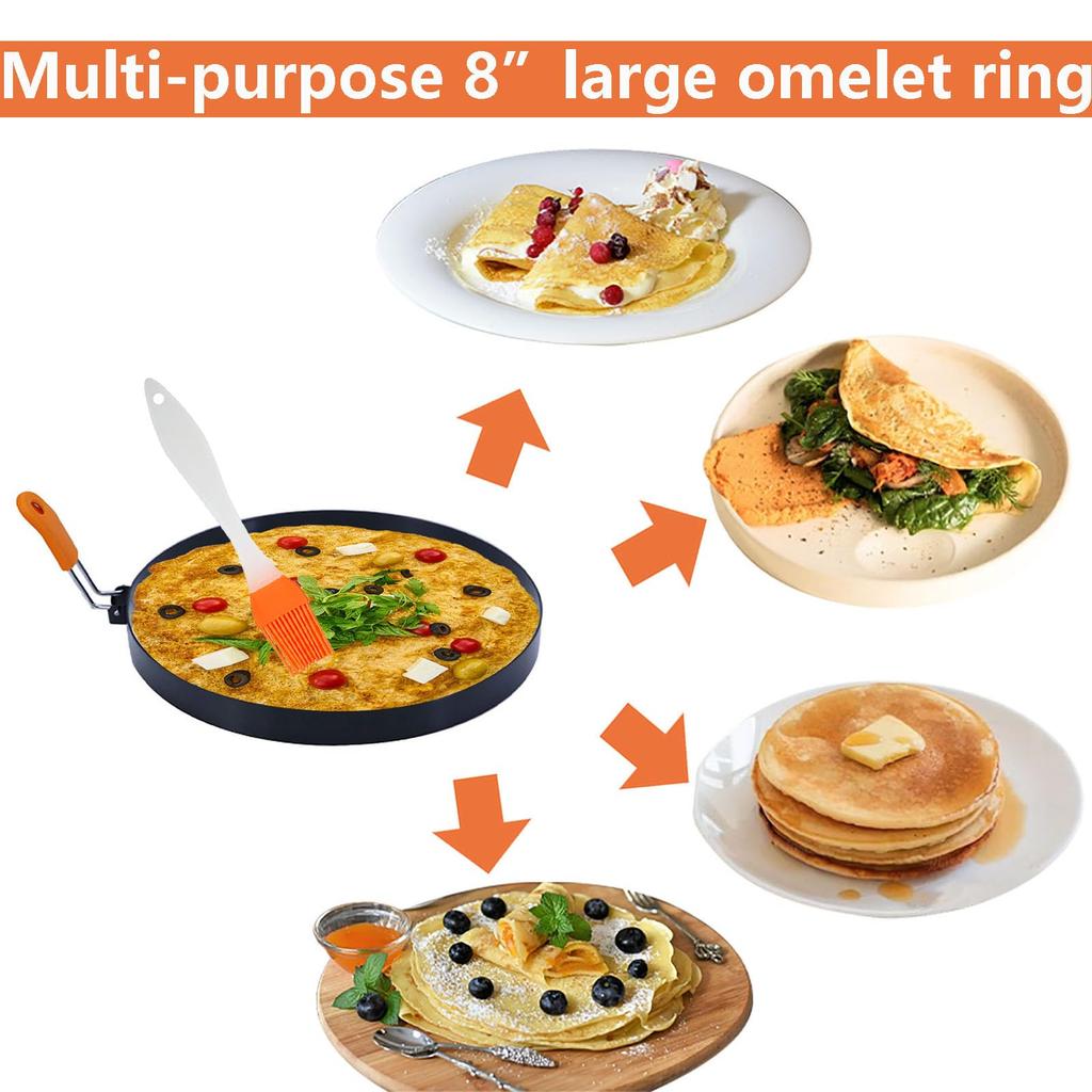 8-Inch Round Egg and Pancake Ring Mold 2-Piece Set with Silicone Heat-Resistant Folding Handles + Silicone Oil Brush Orange and Black