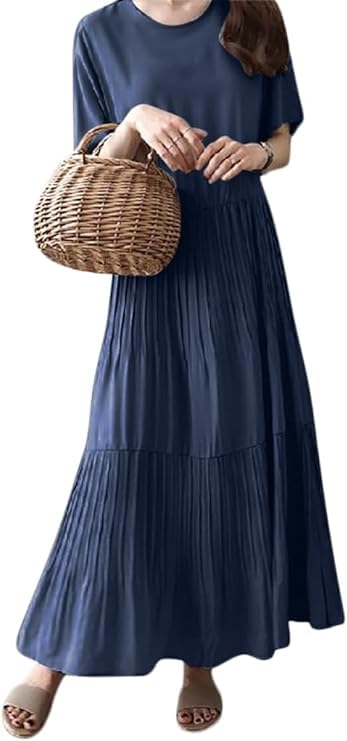 

FEISEDY Plus Size Loose Elegant Chiffon Dress with Round Neck and Short Solid Long A8107 Women s Dress, Fit, Stylish, Sleeves, Color, Slimming, Dress,