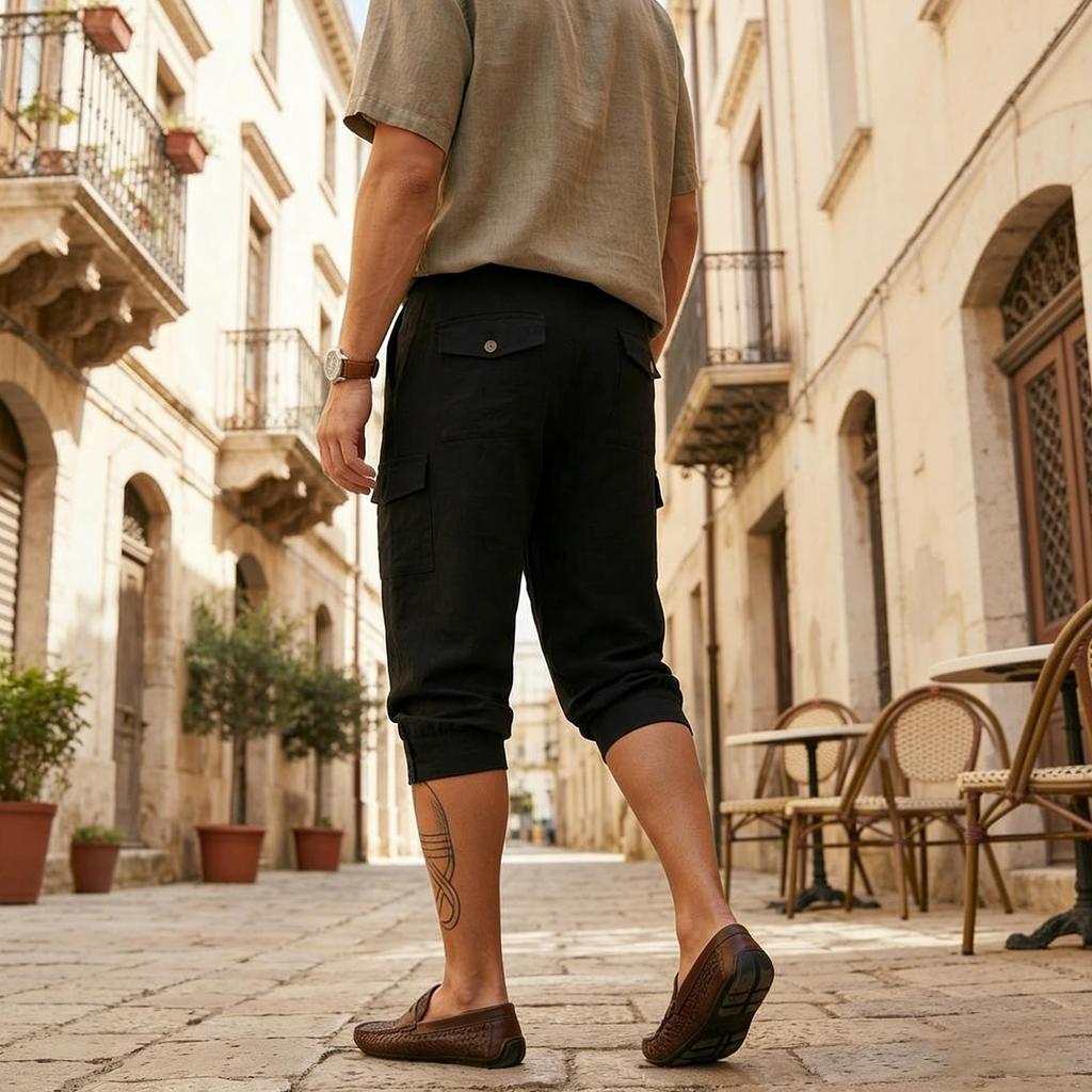 Men’s Casual Loose Fit Capri Pants Button Fly Cropped Trousers with Pockets Lightweight Breathable Design for Everyday Wear