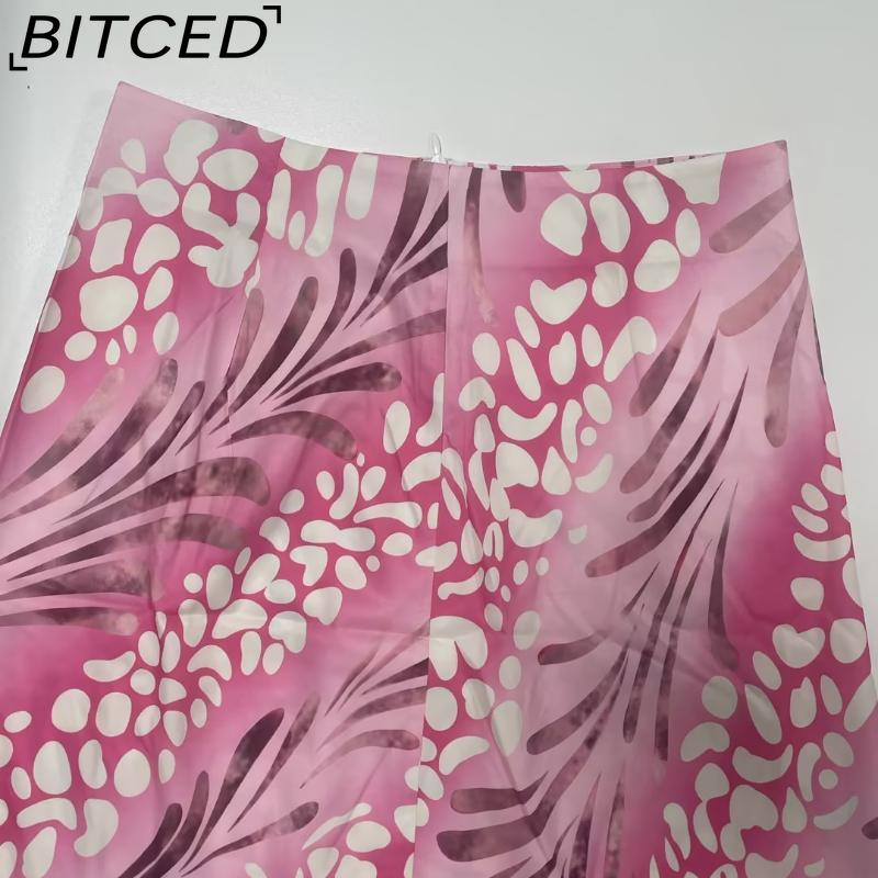 BITCED Damen Sommer Elegant Bedrucktes Hemd mit Kragen und langen Ärmeln und hochtaillierter Rock Mode-Set