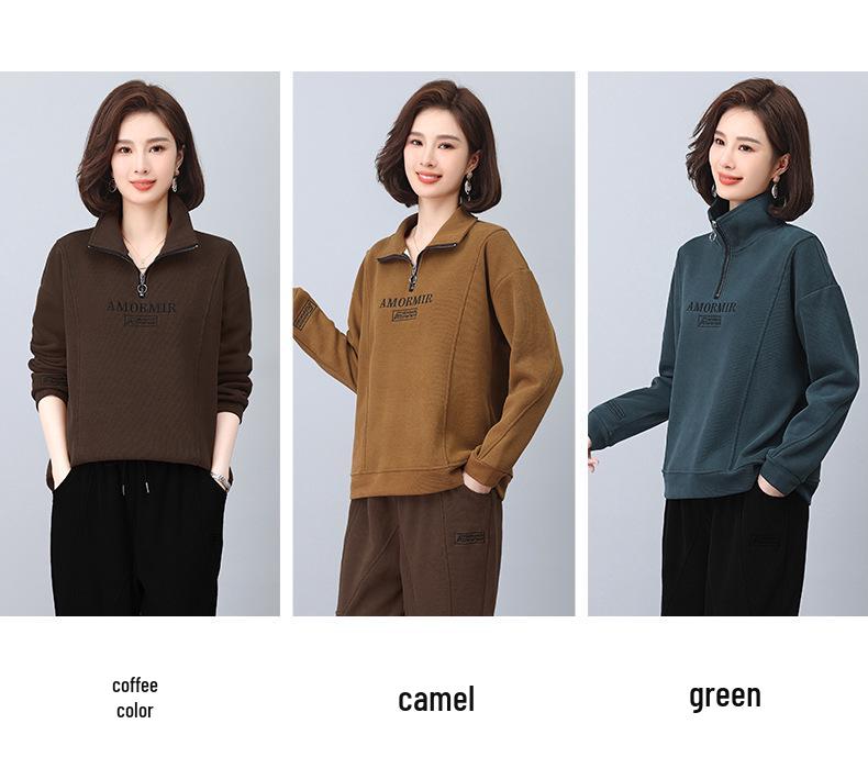Women's High Neck Fleece Sweatshirt, Turn-Down Collar, 2024 Autumn/Winter, Petite, Thick Zip-Up Top for Moms