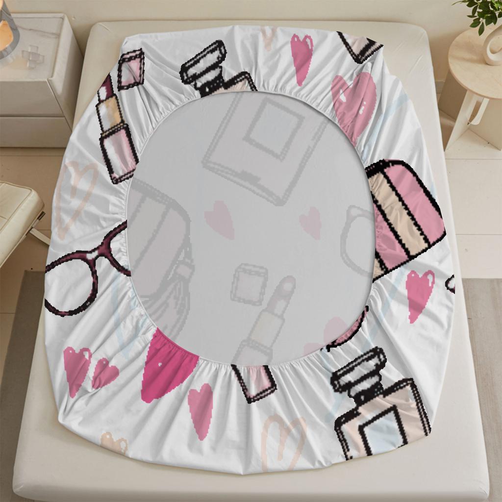 3pcs Fitted Sheet Set For Girls Room Decor Doodle Lipstick Perfume Glasses Hearts Makeup Printed Flat Sheet With 2 Pillowcases