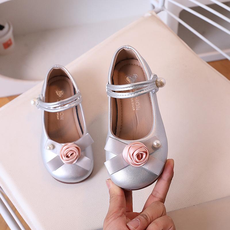 Girls Flower Pearl Decor Mary Jane Dress Shoes 23 серебряный