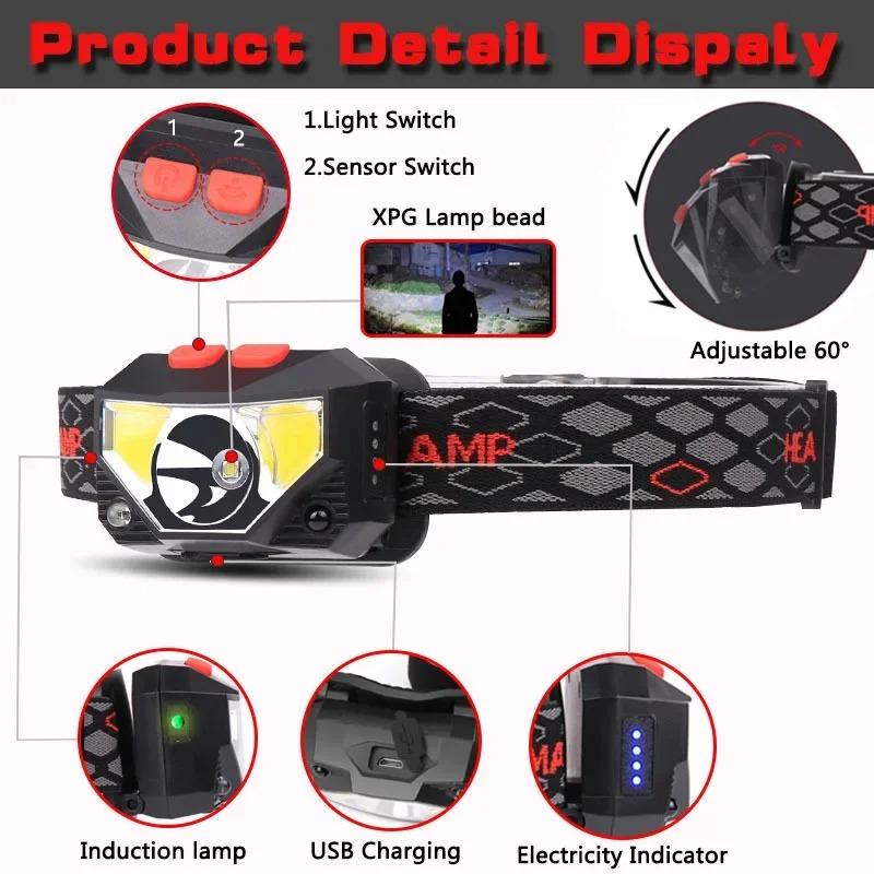 8 Modes LED Headlamp with Motion Sensor COB Flashlight Powerful Headlight for Camping Fishing Handheld Torch Head Light