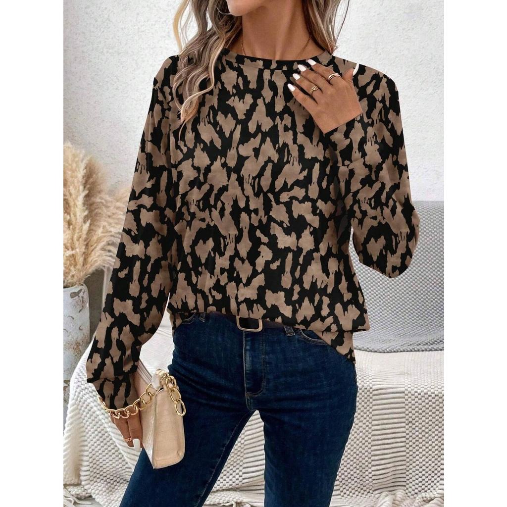Round Neck 3D Printed Leopard Print Pattern Top Fashionable Casual Long Sleeved Women's Sweatshirts