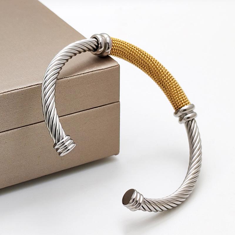 Stylish European-American 18K Gold Stainless Steel Wire Bracelet for Women, Geometric Open Design, Inlaid with Colored Diamonds, Colorfast.