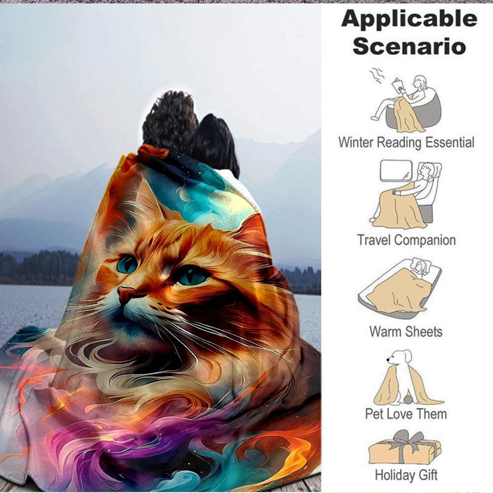 1pc Feline Whimsy Print Blanket Lightweight Flannel Throw Blanket For Sofa, Bed, Living Room, Office, Outdoor Travel, Camping