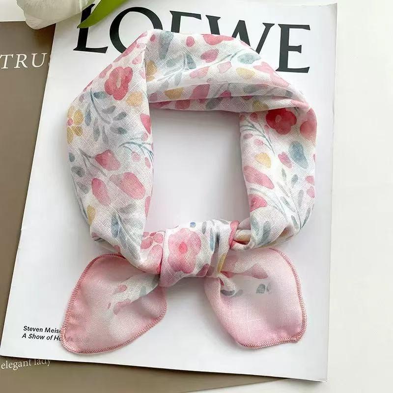 Sunscreen headscarf silk scarf female design cotton and linen small square scarf sweet new pastoral floral scarf light and breathable
