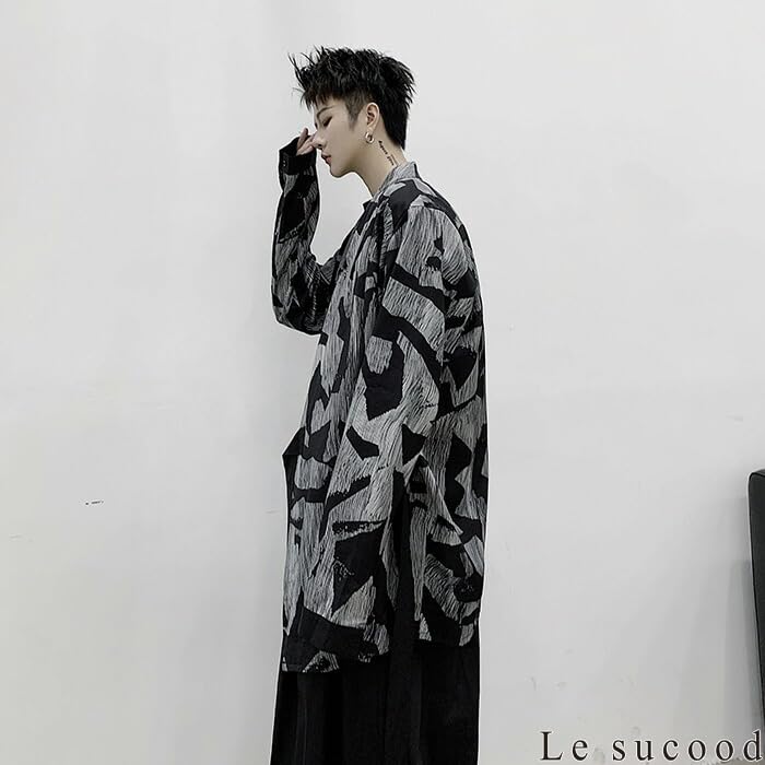 Le Sucood Monochrome Mosaic Japanese Style Shirt Long Long Shirt Loose Casual Japanese Long Street Mode Harajuku Blue Letter Style Cardigan, Shirt,