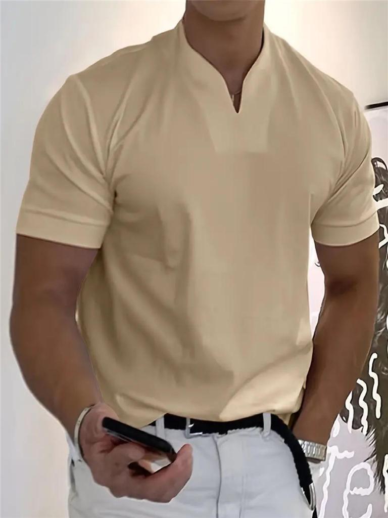 2025 Men's V-Neck Muscle Fit Sports T-Shirt - Elastic Short Sleeve Solid Color