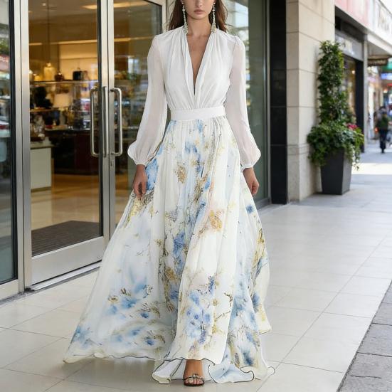 Dámské šifonové šaty s dlouhým rukávem, květinový potisk, hluboký výstřih do V, splývavé šaty áčkového střihu, šaty pro hosty na jarní svatbu