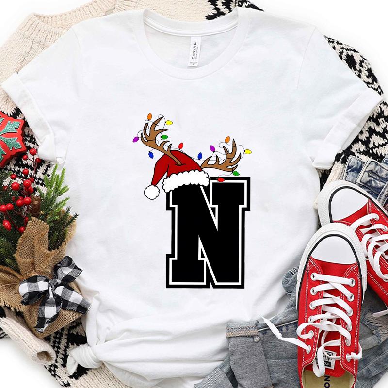 Casual Womens Tshirt with AZ Christmas Alphabet Print Santa Holiday Graphic Perfect for Xmas Party Parties and Casual Wear