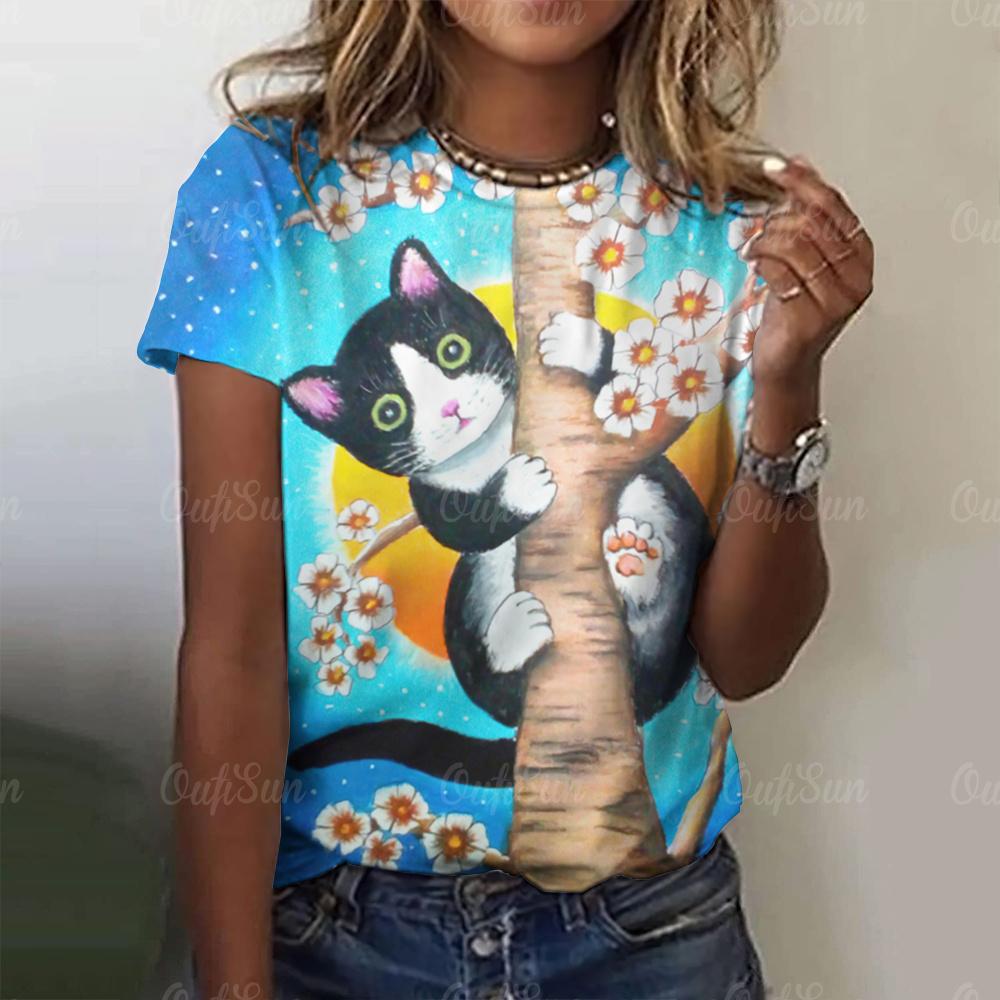 3D Fun Cat Printed Women's T-shirt Top Summer Fashion T-shirt Animal Short Sleeve T-shirt Loose Clothing