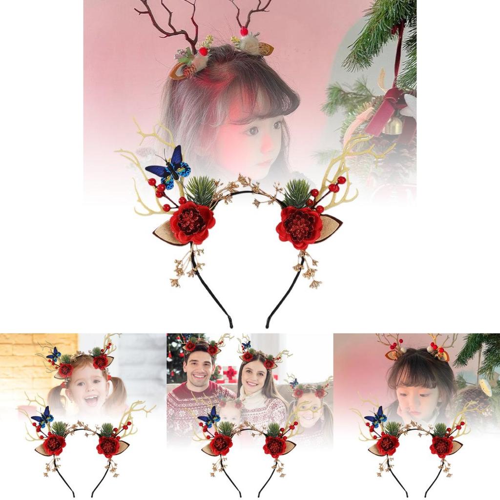 Enchanting Forest Style Antler Headband With Faux Flowers For Christmas Celebrations