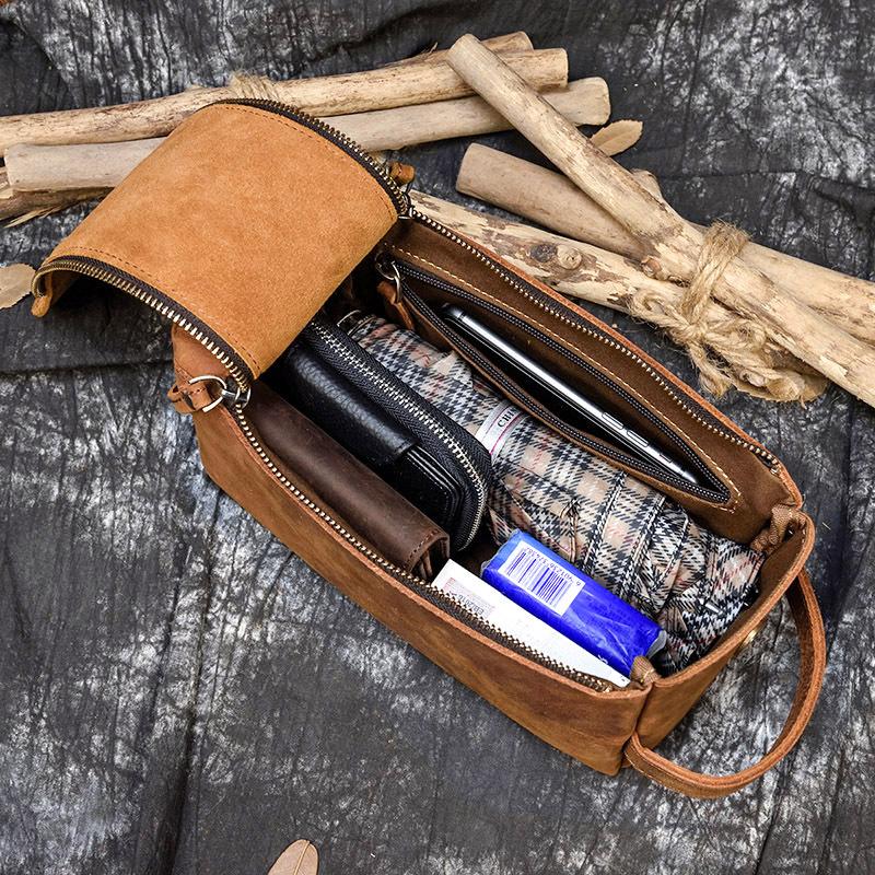 New Men's Crazy Horse Leather Handbag Multi Functional Genuine Leather Toilet Bag Large Capacity Women's Storage Bag