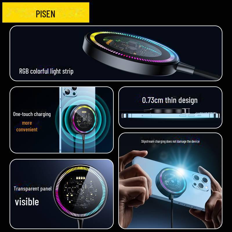 PISEN MagSafe-Compatible Magnetic Wireless Charger with Atmosphere Light for Apple & Android