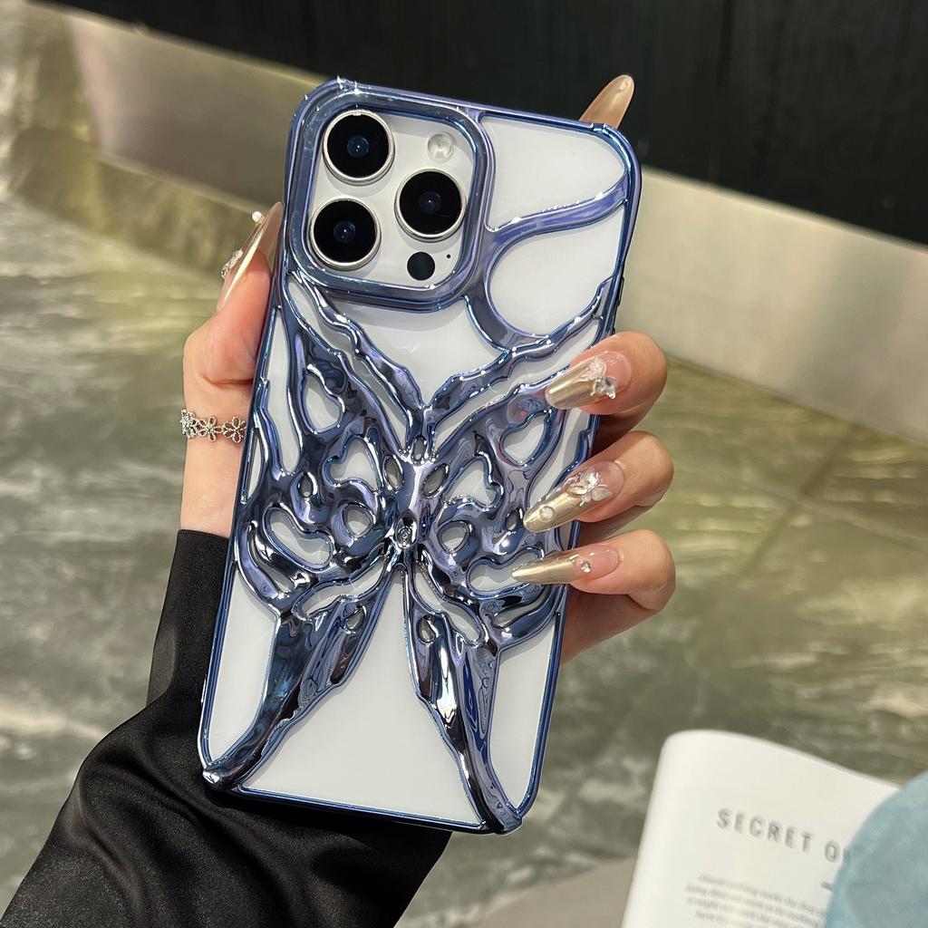 Fashion Plating Hollow Butterfly Pattern Case for iPhone 16E 15 14 13 12 11 Pro Max Matte Shockproof Heat Dissipation Back Cover