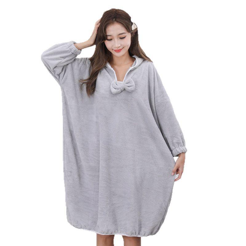 Women's Quick-Drying Hooded Coral Fleece Bathrobe for Spa, Sauna, and Home