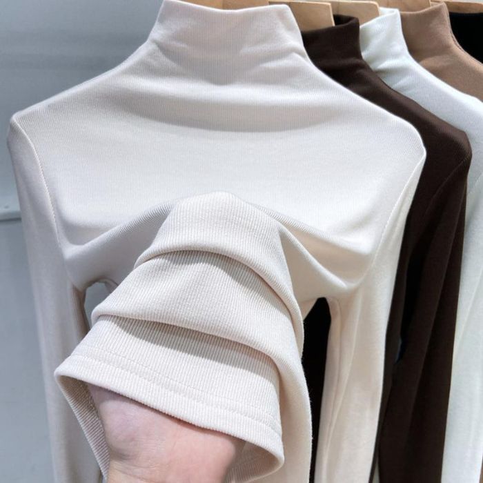 Ein neues langärmeliges Basisshirt mit halbem Stehkragen für Damen, Ein figurbetontes und schlankmachendes T-Shirt, Ein warmes T-Shirt und Oberteil für Herbst und Winter