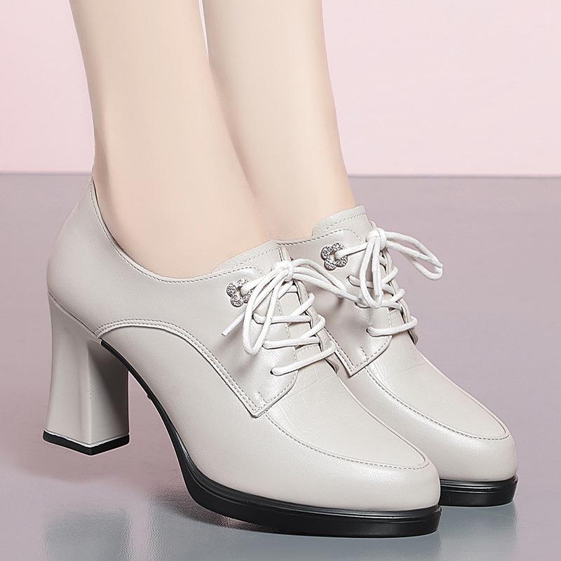 2026 new women's shoes spring and autumn single shoes women's high heels sub-lace-up women's leather shoes