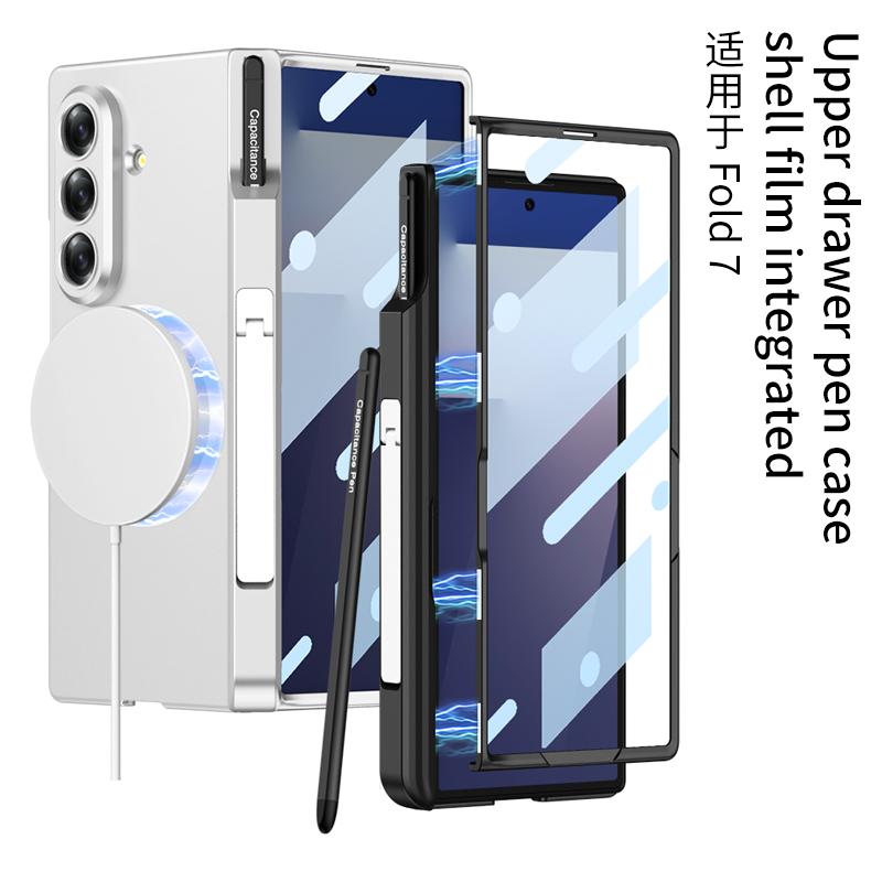 Magnetic Hinge Protection Kickstand Full Body Pen Slot Case for Samsung Galaxy Z Fold7 with Screen Glass Film +Stylus Pen