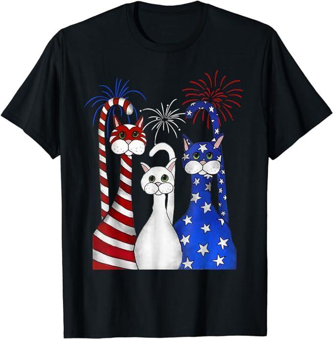 NEW LIMITED Red White Blue Cats USA Flag Firework 4th Of July T-Shirt Size S-5XL Unisex T-Shirt
