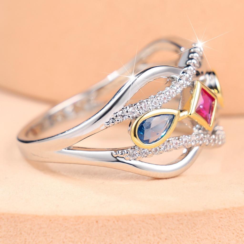 European and American Style, Multi-colored, Hollowed-out Ring with Cubic Zirconia Retro Palace-style Ring Featuring Gold and Silver Accents and a