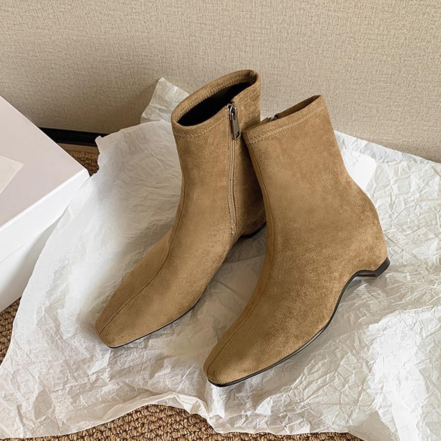 Soft leather version~ retro minimalist thin boots femininity square head inner height increase short boots side zipper thin elastic boots