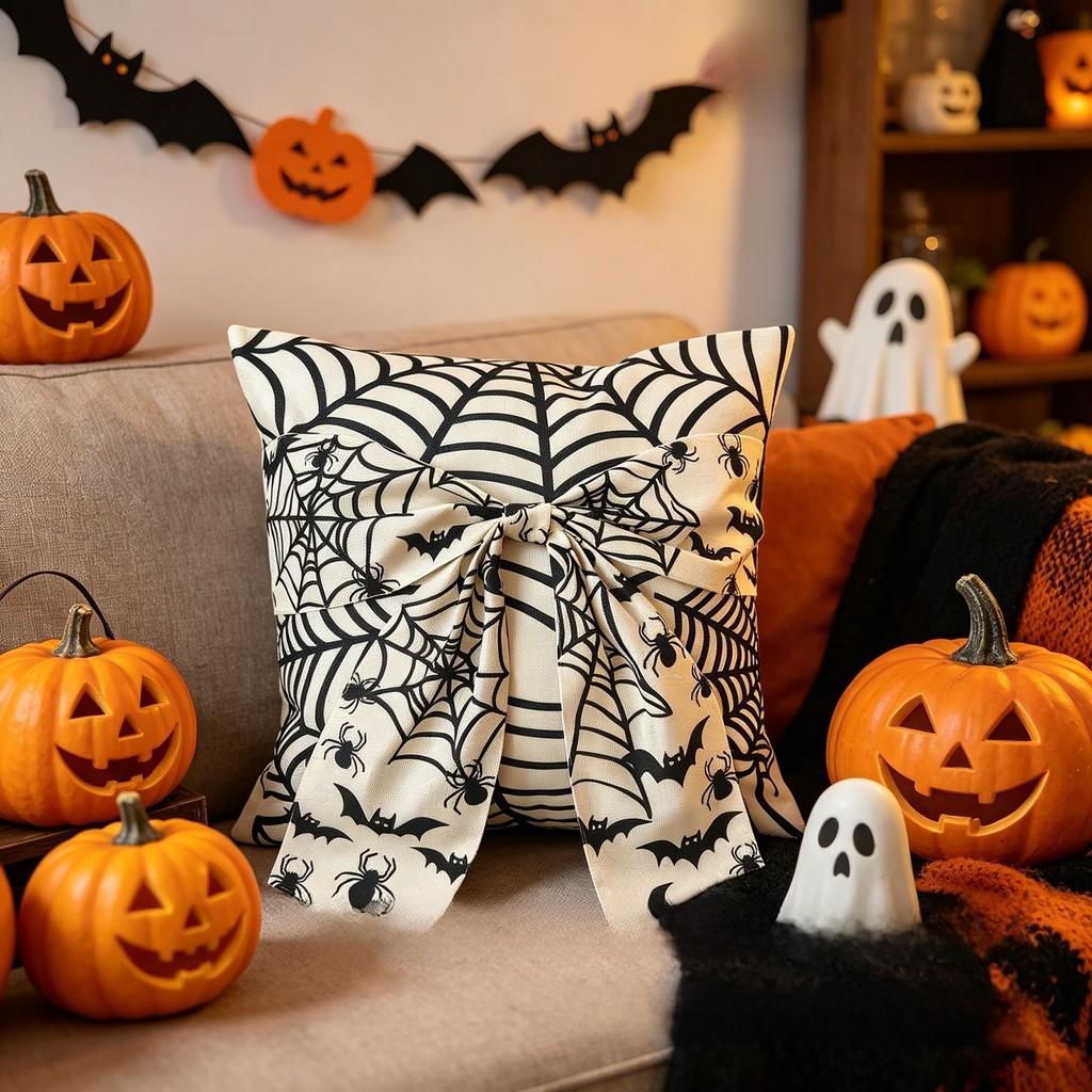 Halloween Pillow Cover With Ghost And Spider Web Design For Living Room Decor