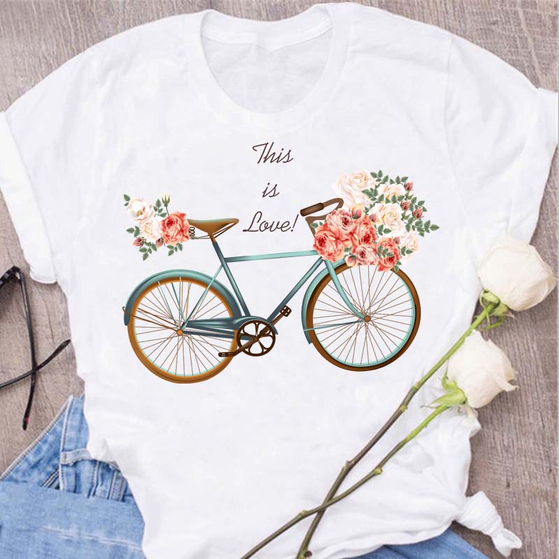 Woman Funny Bicycle Floral Print T Shirt Harajuku Women Tshirts Casual O-Neck Short Sleeves Tops Tees Shirt,Drop Shipping