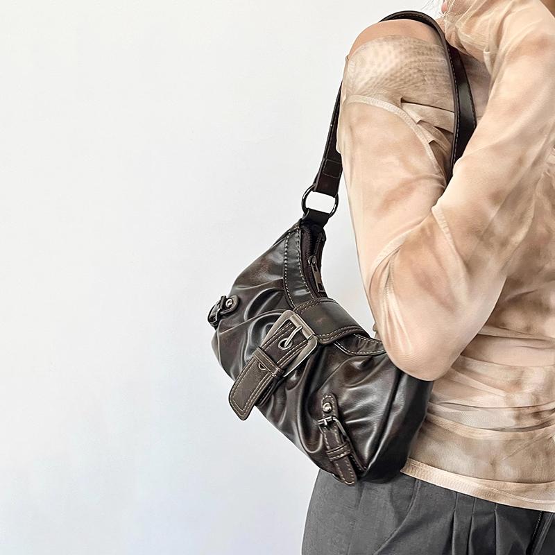 Yogodlns Retro Plisserad Axelväska Mode Maillard Hot Girl Underarmsväska Läder Punk Motorcykelväska Kvinnor Vardagliga Hoboväskor
