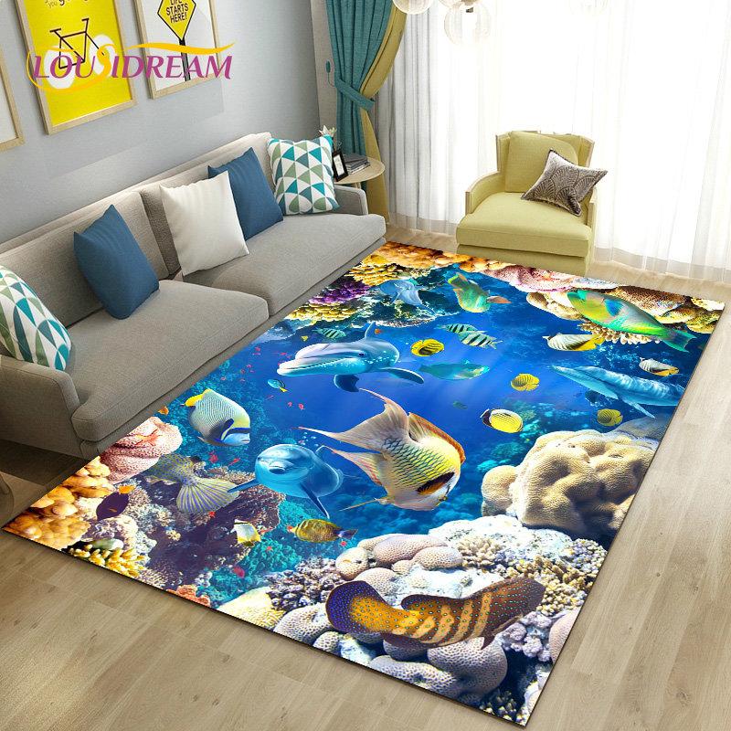 3D-Illusion Unterwasserwelt Meeresboden Delfin Hai Teppich, Teppich für Wohnzimmer Schlafzimmer Sofa Fußmatte Rutschfeste Bodenmatte