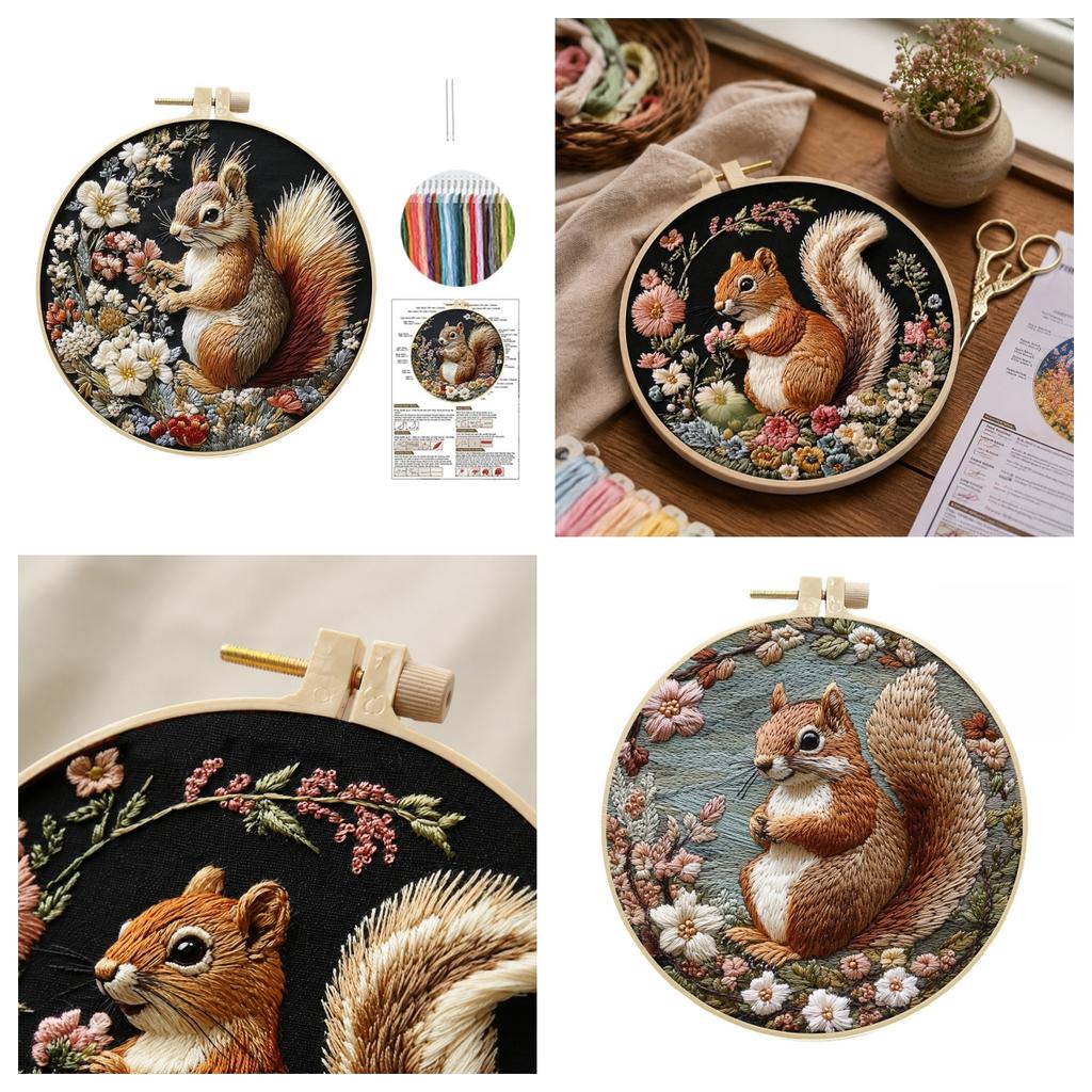 Squirrel Embroidery Kit for Beginners Pre-Printed DIY Craft Set with Hoop Handmade Craft Gift for Adults Punch Needle Kit