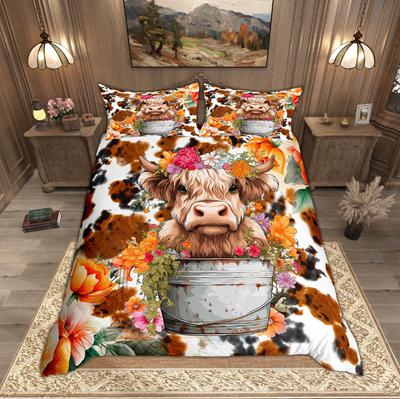 Homewish Cute Highland Cow Duvet Cover Set, Western Cowboy Cowgirl Bedding Set, Rustic Farmhouse Farm Animal Quilt Cover Set