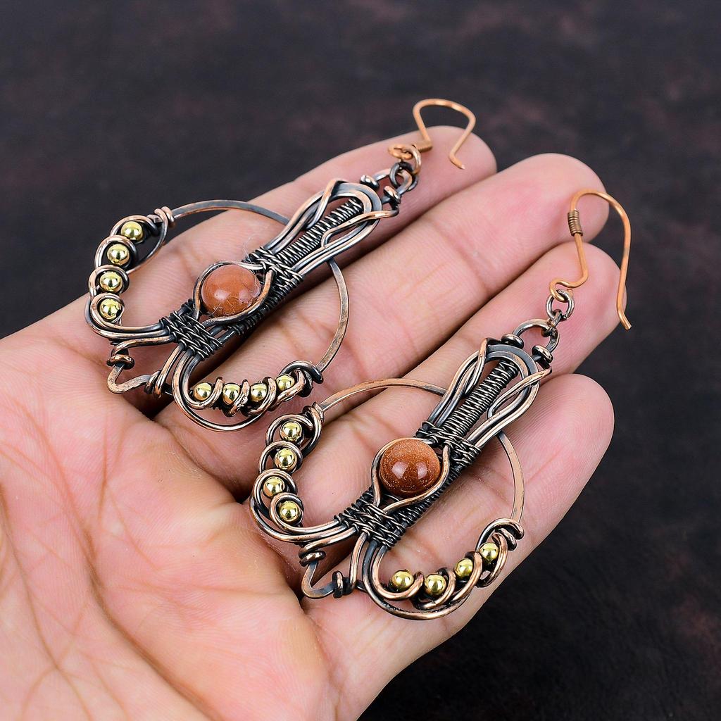 Kolczyki Sun Sitara Kolczyki z miedzianego drutu owiniętego Oryginalne kolczyki z kamieniami szlachetnymi Biżuteria miedziana Ręcznie robione kolczyki Prezent zaręczynowy Biżuteria z drutu owiniętego