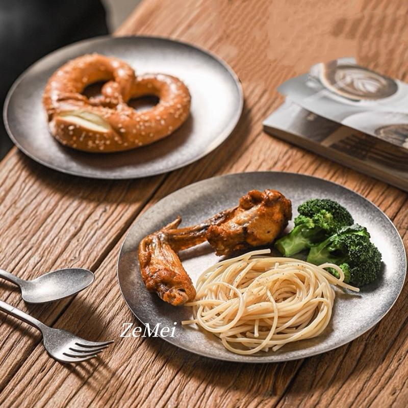 Retro Stainless Steel Circle Dinner Plate,Gray Heat-Resistant Home Steak Plate Dinner Dishes Grill Tray Tableware,Kitchenware