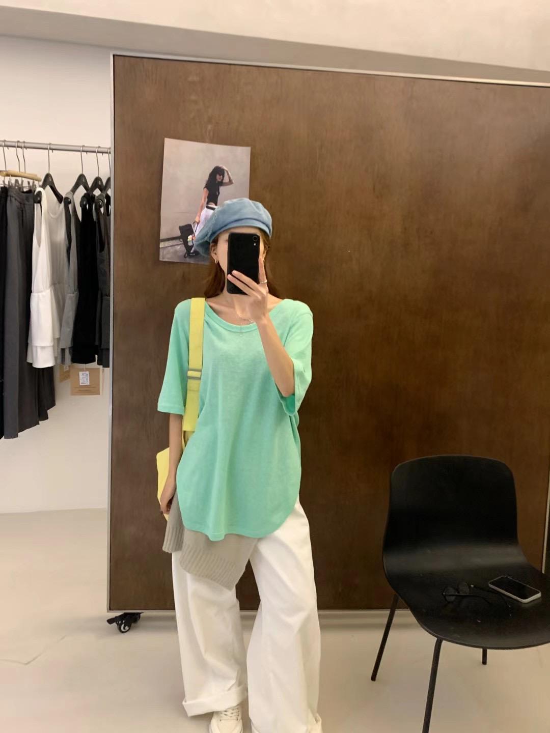 

Женская футболка больших размеров в корейском стиле с U-образным вырезом и коротким рукавом, размер 7 - Повседневная летняя однотонная свободного кроя One Size