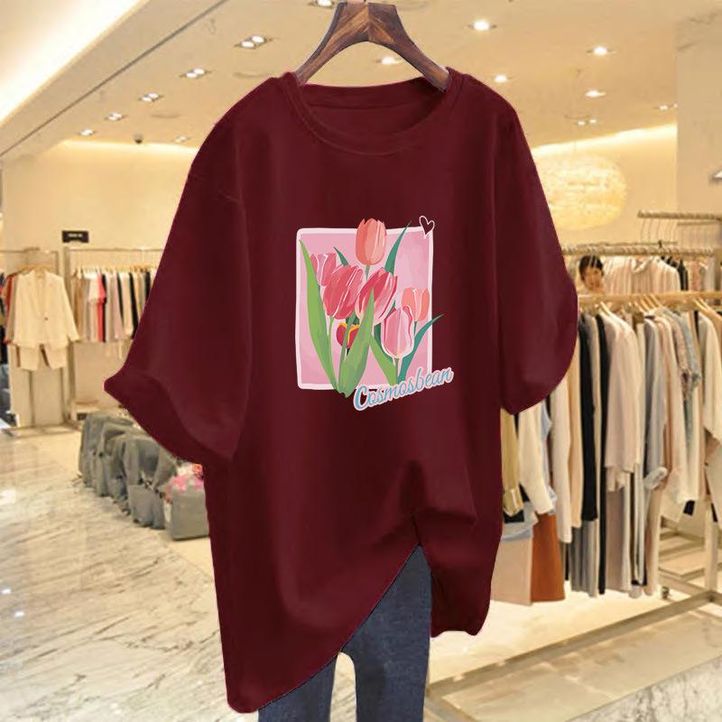 Loose flower print short-sleeved t-shirt women's new fashion alphabet top bottoming shirt