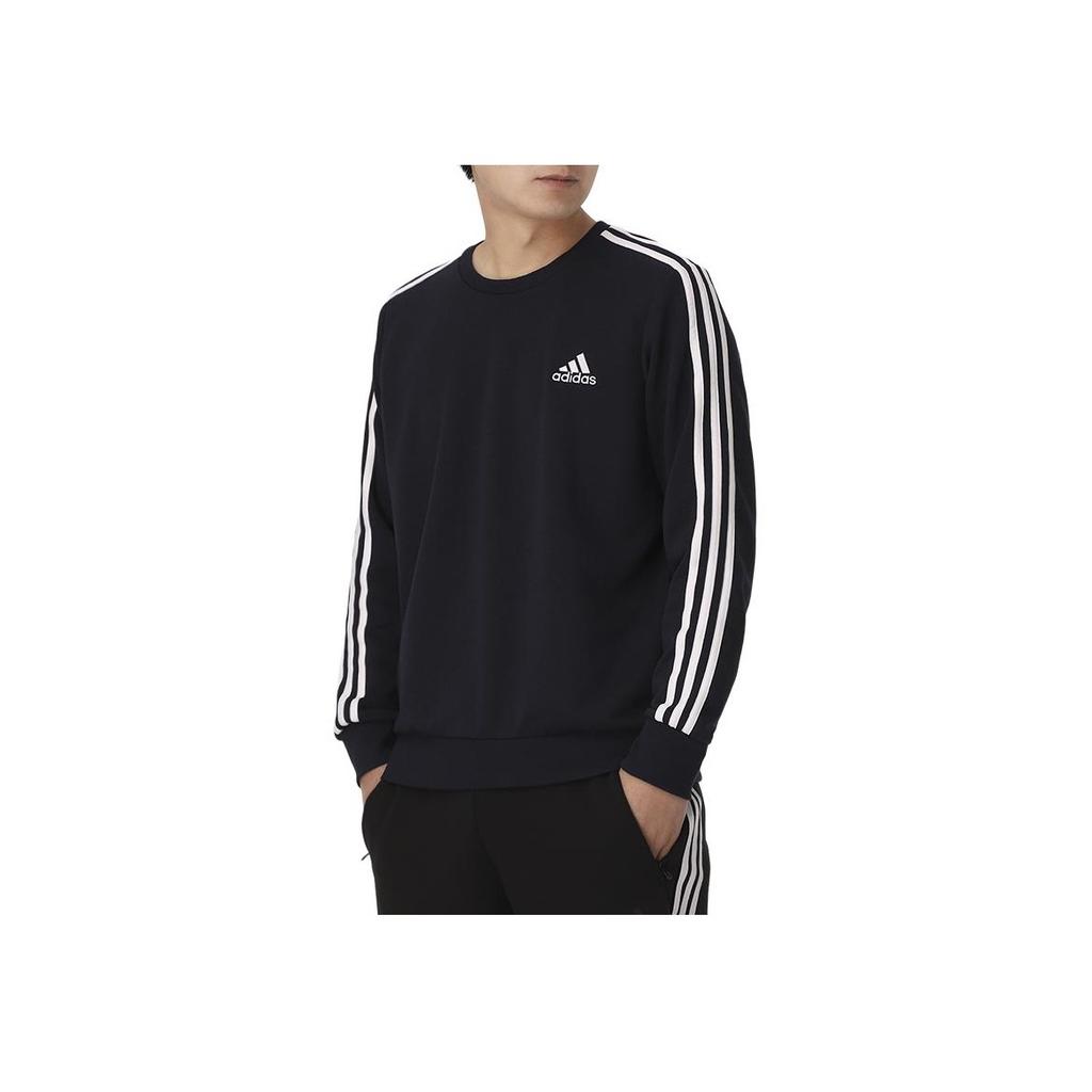 Adidas Solid Color Logo Print Three-Stripe Crewneck Sweatshirt Men Tops Navy GK9079