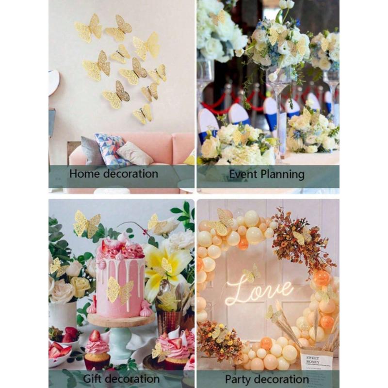 12Pcs/Set 3D Hollow Butterfly Wall Sticker Cake Decor Toppers Wedding Decor Living Room Home Decor Butterflies Stickers Gender Reveal Party Decor
