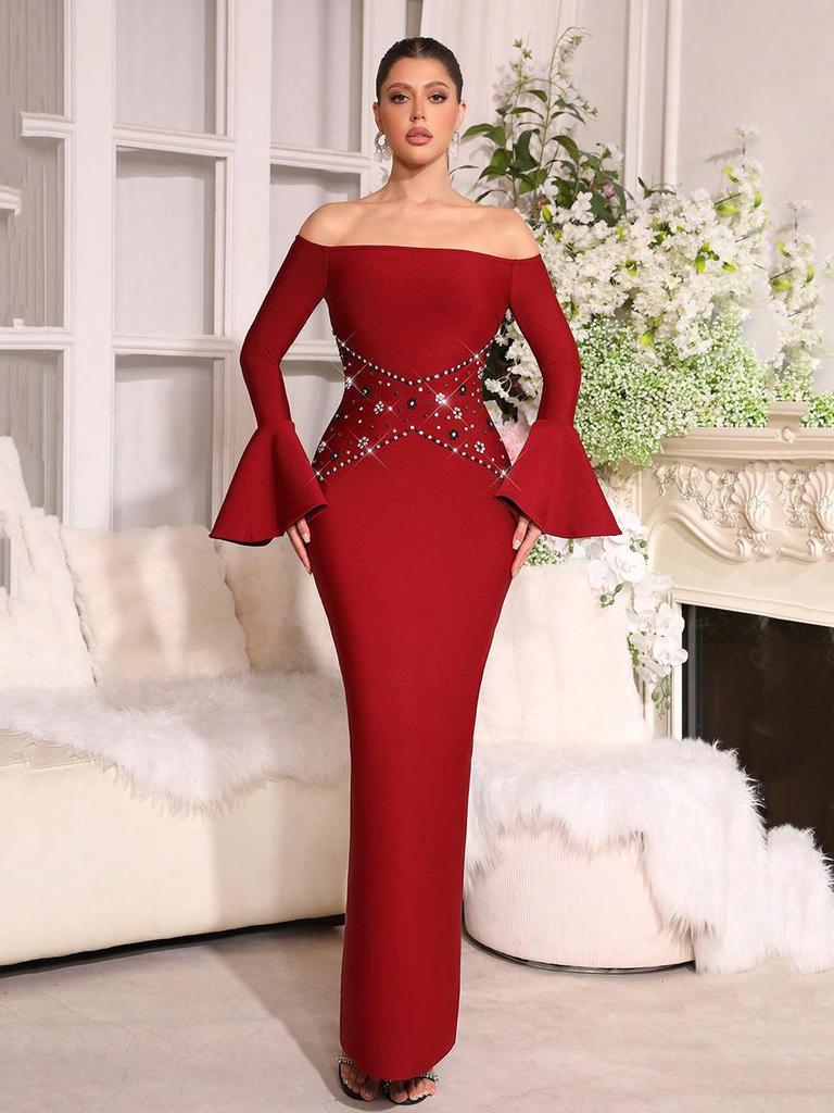 European Style Strapless Rhinestone One-Shoulder Elegant Long Dress